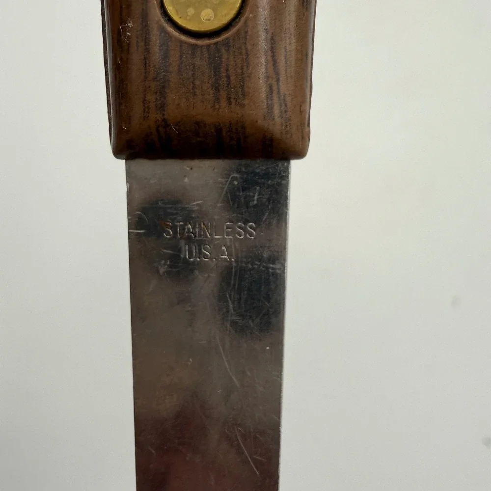 Vintage Stainless USA Serving Spoon Faux Wood Handle Brass Rivets 11.5 Inch